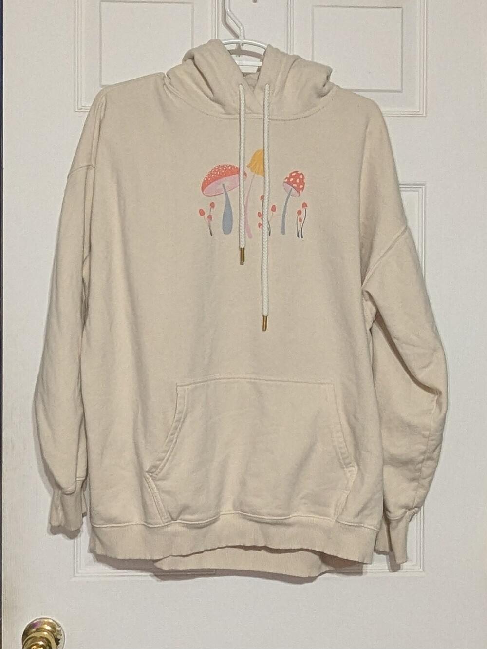 American Eagle Outfitters Cream Hoodie with Pastel Mushroom Graphic Med